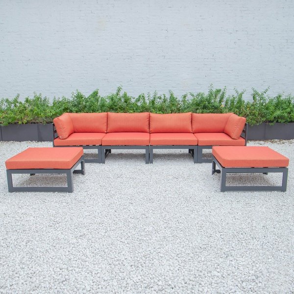 Leisuremod Chelsea 6-Piece Patio Ottoman Sectional Black Aluminum With Orange Cushions CSOBL-6OR